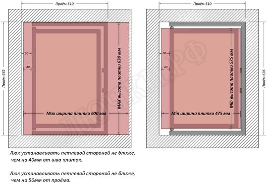 Люк под плитку Шагма для плитки 500*600 (требуемый размер проема 510*635, размер люка 460*633) Люк под плитку Шагма для плитки 500*600 (требуемый размер проема 510*635, размер люка 460*633)